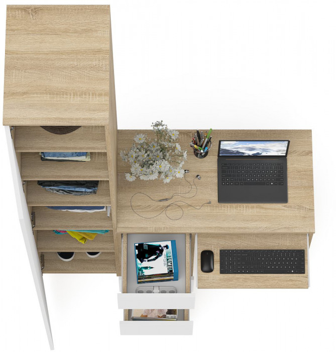 Мори компьютерный стол МС-6 левый + Пенал МШ400.1, дуб сонома/белый