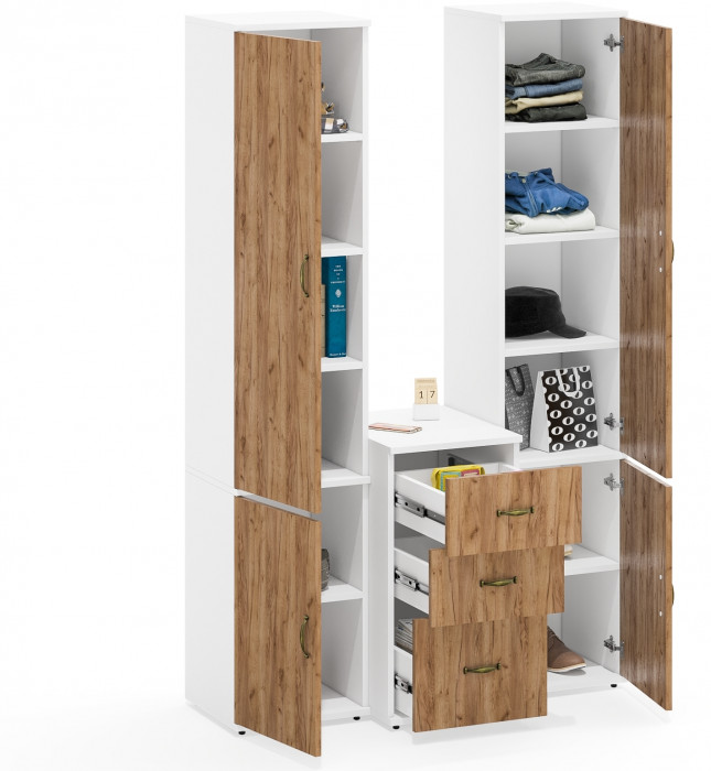 Лидер-8 Пенал МД 22Б + Пенал МД 22Б + Тумба МД 3.16, цвет белый шагрень/крафт золото, ШхГхВ 120х50х190 см., универсальная сборка