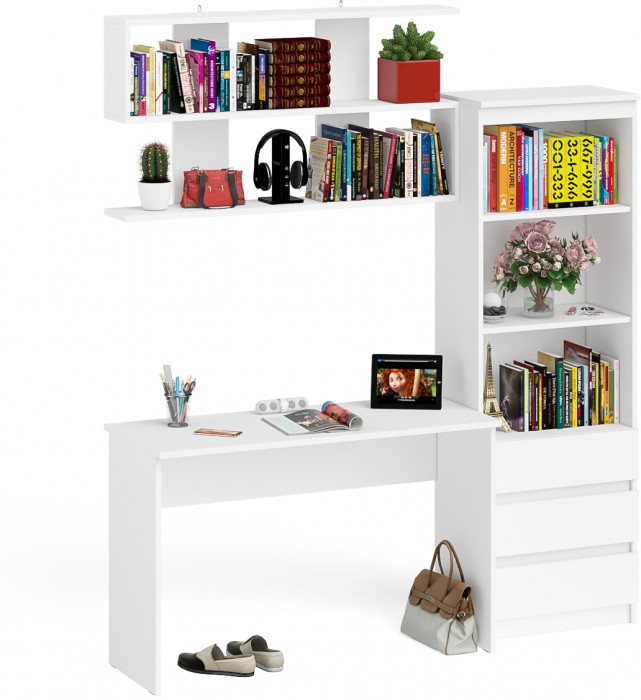 Мори Стол письменный МСП1200.1 + Стеллаж МСТ600.3 + Полка 1200, цвет белый, ШхГхВ 180,8х50х209,6 см., универсальная сборка