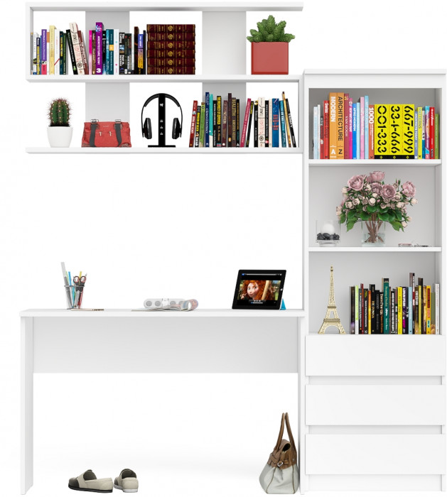 Мори Стол письменный МСП1200.1 + Стеллаж МСТ600.3 + Полка 1200, цвет белый, ШхГхВ 180,8х50х209,6 см., универсальная сборка