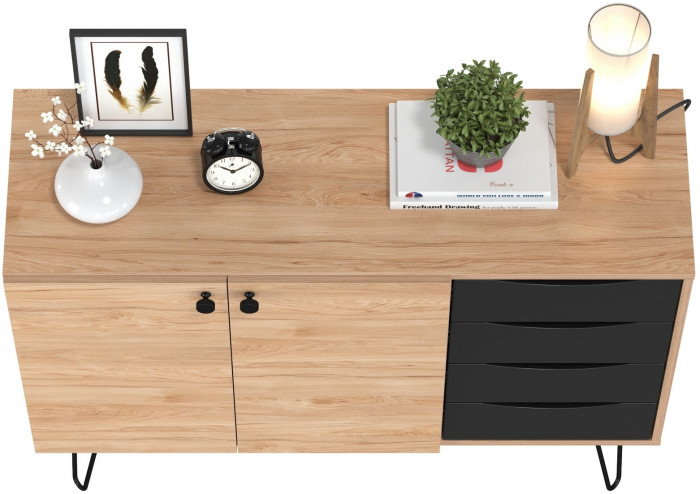 Брюс Комод-тумба 16.233, цвет чёрный/Battle rock Santiago, ШхГхВ 113,4х38,3х85,6 см., универсальная сборка, две дверки и четыре выдвижных ящика