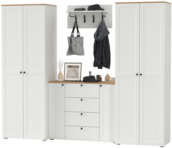 Остин Прихожая 27, цвет белый шагрень/дуб крафт золотой, ШхГхВ 280х54,3х229,6 см., универсальная сборка