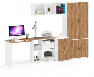 Лидер-8 Стол + Полка + Тумба МД 3.16 + Шкаф МД 20Б, белый шагрень/крафт золото