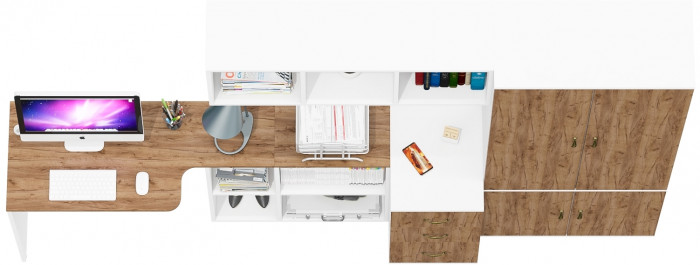 Лидер-8 Стол + Полка + Тумба МД 3.16 + Шкаф МД 20Б, белый шагрень/крафт золото