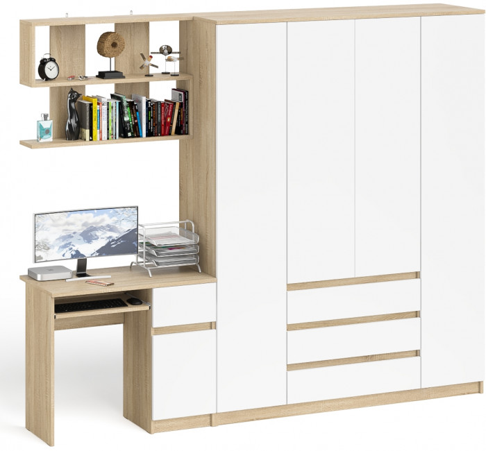 Мори компьютерный стол МС-1 правый + Шкаф МШ1600.1 + Полка 900, дуб сонома/белый
