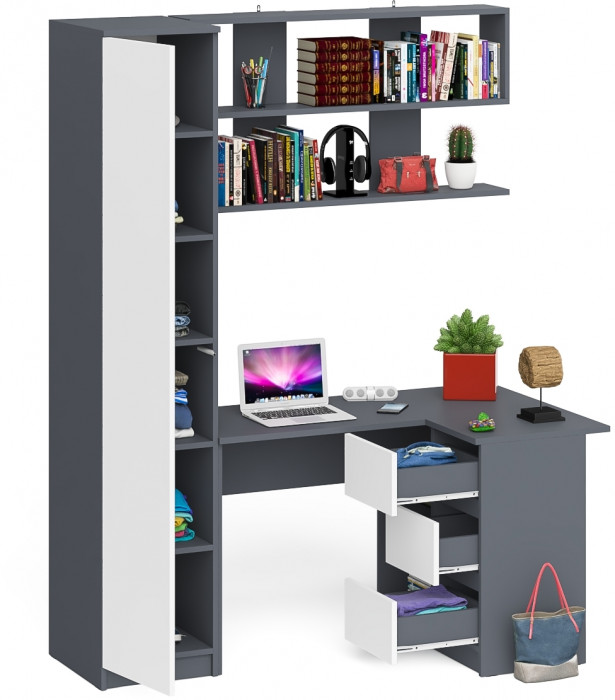 Мори компьютерный стол МС-16 правый + Пенал МШ400.1 + Полка 1200, графит/белый