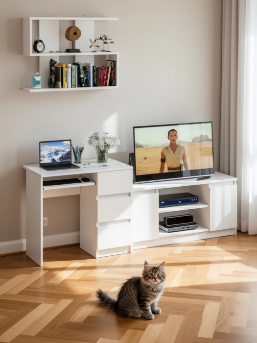 Мори компьютерный стол МС-6 правый + Тумба МТВ1200.1 + Полка 900, белый