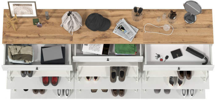 Остин 16.121 Тумба для обуви + 16.121 Тумба д/обуви + 16.121, цвет белый шагрень/серый графит/дуб крафт золотой, ШхГхВ 240х41,6х99,3 см, ун. сб.