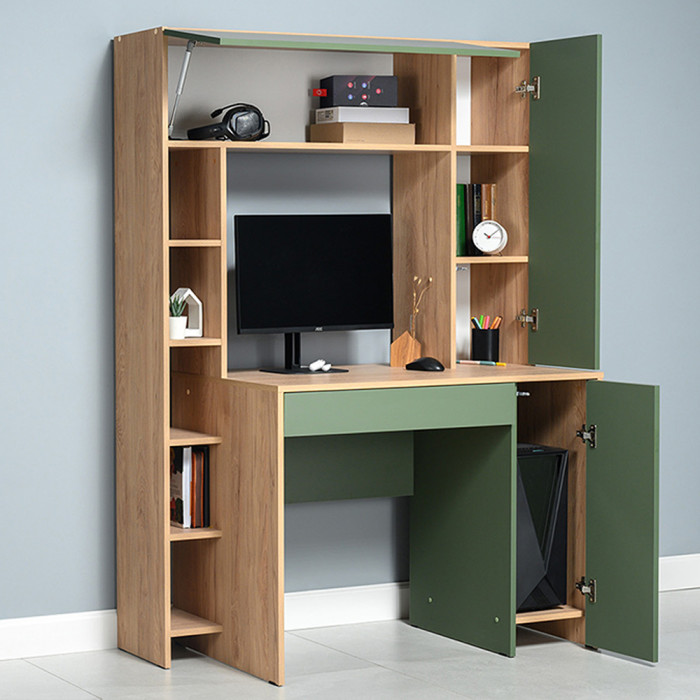 компьютерный стол Комфорт 12.71, гикори рокфорд натуральный/дымчатый зелёный