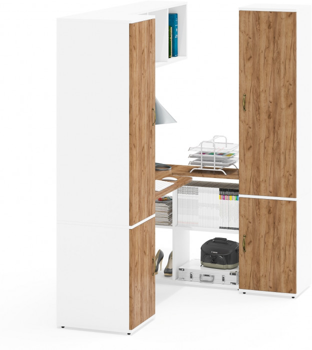 Лидер-8 Пенал МД 23Б + Стол + Полка + Пенал 21Б, белый шагрень/крафт золото