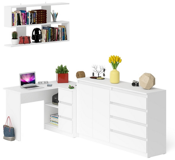 Мори компьютерный стол МС-16 правый + Комод МК1600.1 + Полка 1200, белый