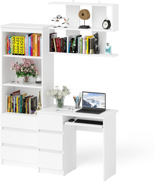 Мори компьютерный стол МС-6 левый + Стеллаж МСТ600.3 + Полка 900, белый