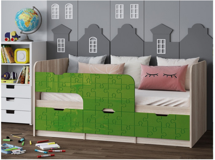 Детская кровать Юниор-9, 80х160 (Лайм глянец, Ясень шимо светлый)