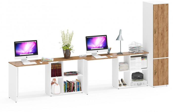 Лидер-8 Стол + Стол + Пенал МД 23Б, цвет белый шагрень/крафт золото, ШхГхВ 370х50х75/190 или 230х120/50х75/190 см., НЕ универсальная сборка