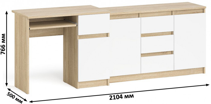 Мори Стол компьютерный МС-1 правый + Комод МК1200.3, цвет дуб сонома/белый, ШхГхВ 210,4х50х76,6 см., выдвижной ящик справа, НЕ универсальная сборка