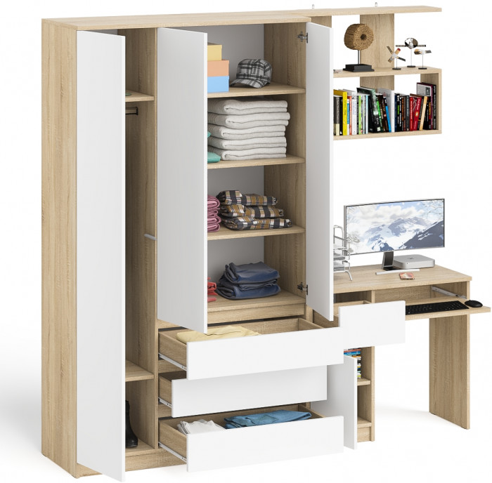 Мори компьютерный стол МС-1 левый + Шкаф МШ1200.1 + Полка 900, дуб сонома/белый