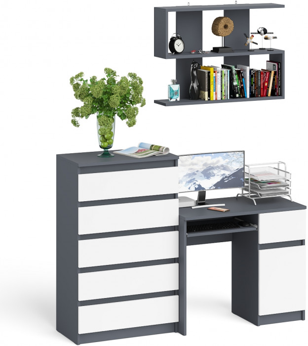 Мори компьютерный стол МС-1 правый + Комод МК700.5 + Полка 900, графит/белый