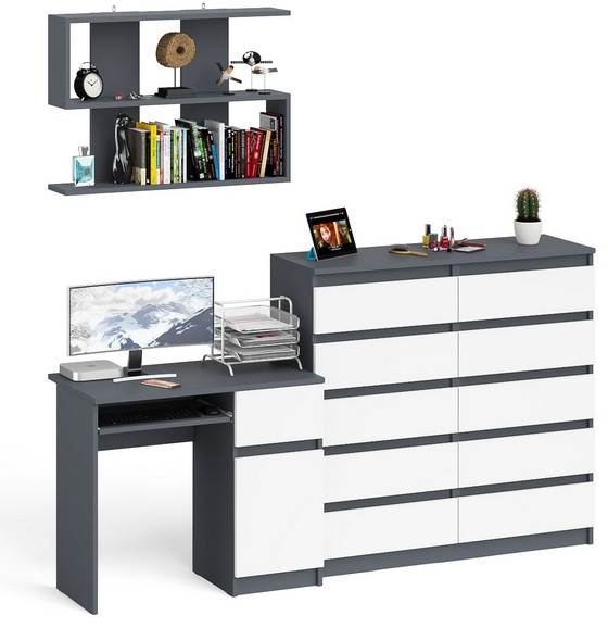 Мори Стол компьютерный МС-1 правый + Комод МК1200.10 + Полка 900, цвет графит/белый, ШхГхВ 210,4х50х209,6 см., НЕ универсальная сборка