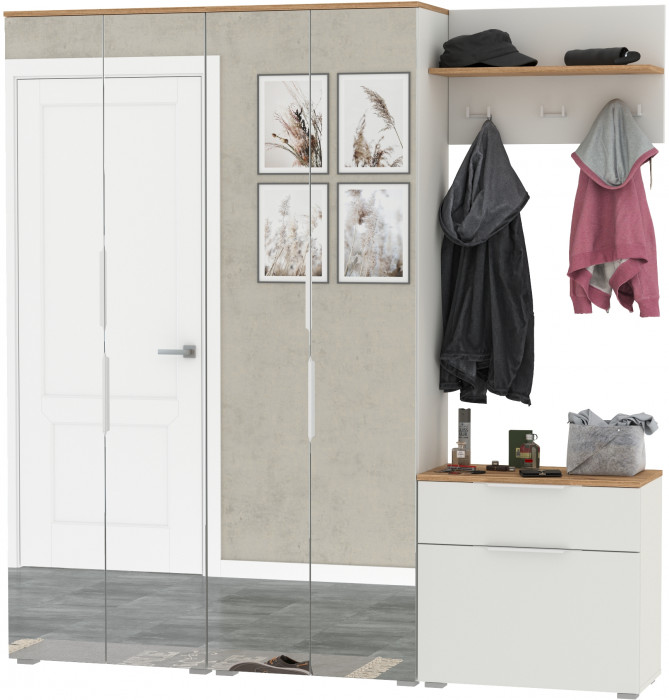 Октава Прихожая 25, цвет белый шагрень/дуб крафт золотой/фасады МДФ белый шагрень, ШхГхВ 193,7х35,4х197,6 см., универсальная сборка