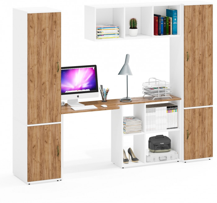 Лидер-8 Пенал МД 23Б + Стол + Полка + Пенал 22Б, белый шагрень/крафт золото