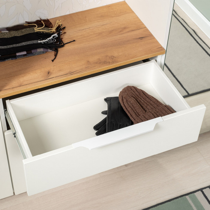 Октава 16.127 Тумба для обуви + 16.127 Тумба для обуви, белый шагрень/дуб крафт золотой/фасады МДФ белый шагрень