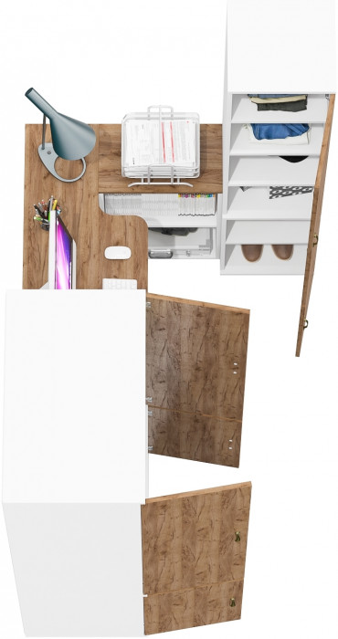 Лидер-8 Шкаф МД 19Б + Стол + Пенал 22Б, цвет белый шагрень/крафт золото, ШхГхВ 285х50/37,5х75/190 или 195х120х75/190 см., НЕ ун.сб.