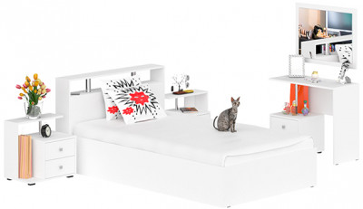 Камелия спальня № 6 Кровать 1200 + Две тумбы + Стол косметический + Зеркало, цвет белый, сп.м. 1200х2000 мм., б/м, основание есть