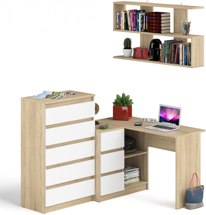 Мори компьютерный стол МС-16 левый + Комод МК700.5 + Полка 1200, дуб сонома/белый