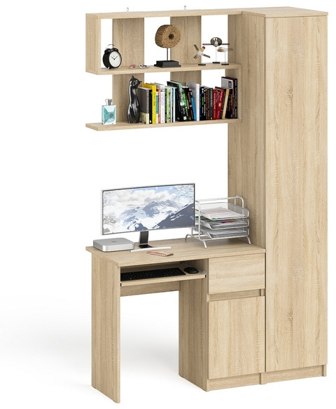 Мори Стол компьютерный МС-1 правый + Пенал МШ400.1 + Полка 900, цвет дуб сонома, ШхГхВ 130,4х50,4х209,6 см., НЕ универсальная сборка
