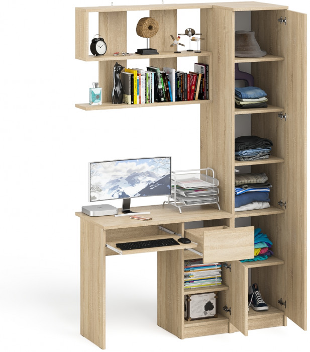 Мори Стол компьютерный МС-1 правый + Пенал МШ400.1 + Полка 900, цвет дуб сонома, ШхГхВ 130,4х50,4х209,6 см., НЕ универсальная сборка