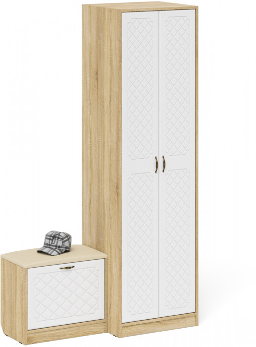 Прихожая П-6 Компоновка № 10, дуб сонома/фасады МДФ белое дерево фрезеровка ромб