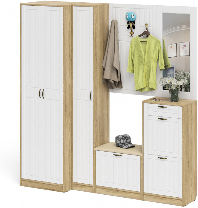 Прихожая П-6 Компоновка № 31, дуб сонома/фасады МДФ белое дерево фрезеровка прованс