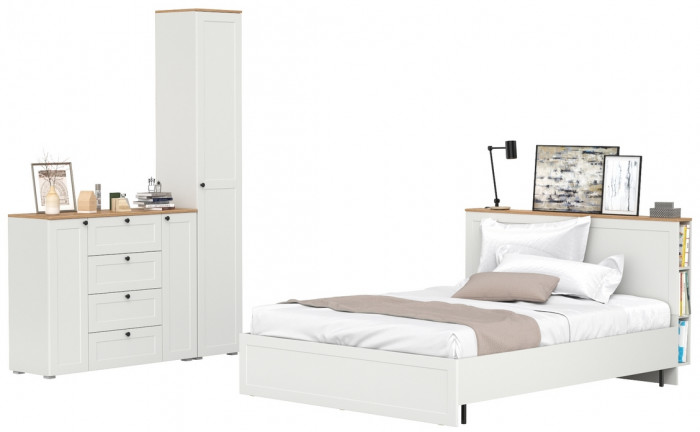 Остин 11.53 Кровать + ортопед + 13.227 Шкаф-пенал + 16.221 Комод, белый шагрень/дуб крафт золотой