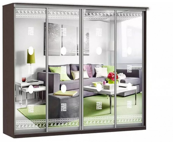 Шкаф купе Модерн 2362х450 4-х дверный 4-х секционный зеркальный с пескоструем №2 венге