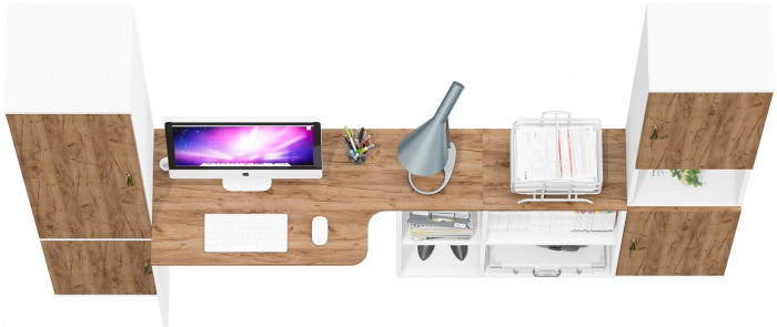 Лидер-8 Пенал МД 22Б + Стол + Пенал, цвет белый шагрень/крафт золото, ШхГхВ 245х50/37,5х75/190 или 155х120/50х75/190 см., НЕ универсальная сборка