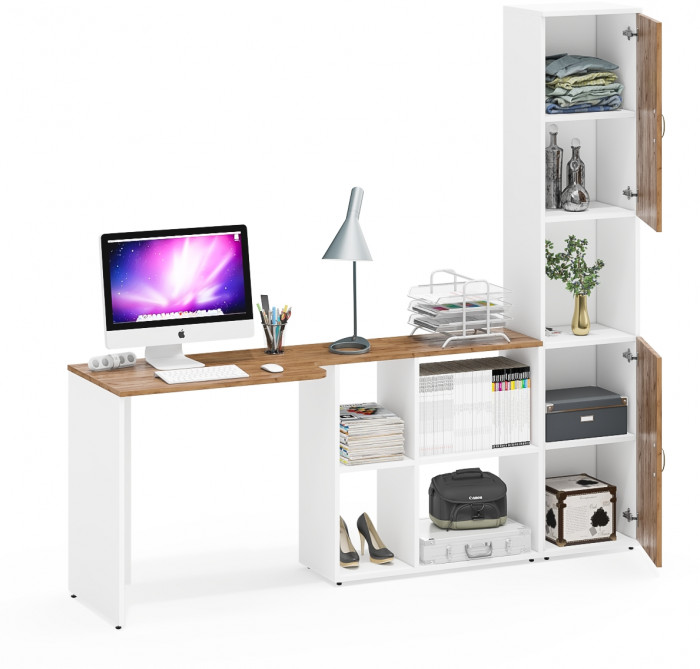 Лидер-8 Стол + Пенал, цвет белый шагрень/крафт золото, ШхГхВ 205х50/30х75/190 см. или 115х50/120х75/190 см., НЕ универсальная сборка