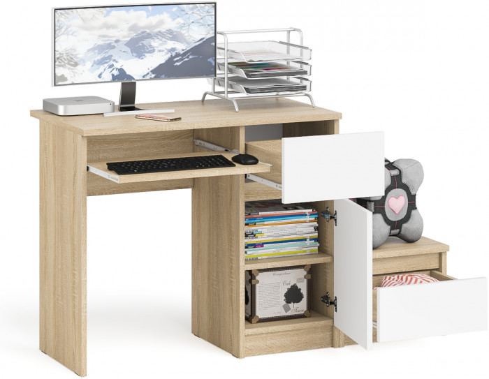 Мори Стол компьютерный МС-1 правый + Тумба ТМП400.1, цвет дуб сонома/белый, ШхГхВ 130,4х50х76,6 см., выдвижной ящик справа, НЕ универсальная сборка