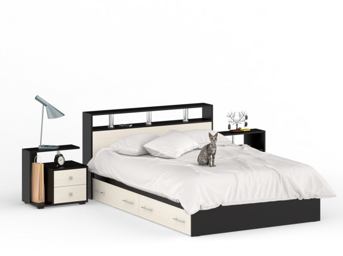 Камелия спальня № 8 Кровать с ящиками 1400 + Две тумбы + Шкаф 4-х створчатый, венге/дуб лоредо