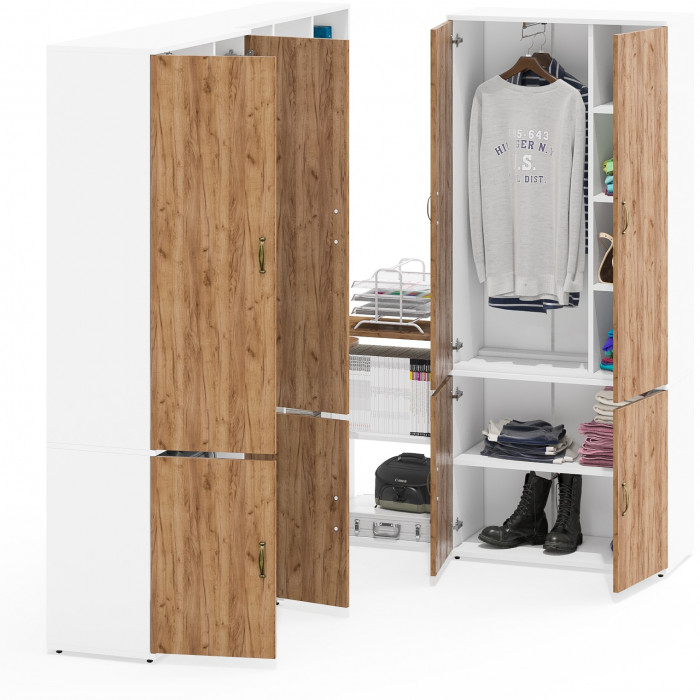 Лидер-8 Стол + Полка + Шкаф МД 20Б + Шкаф МД 20Б, белый шагрень/крафт золото