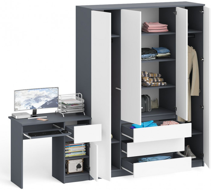 Мори компьютерный стол МС-1 правый + Шкаф МШ1600.1, графит/белый
