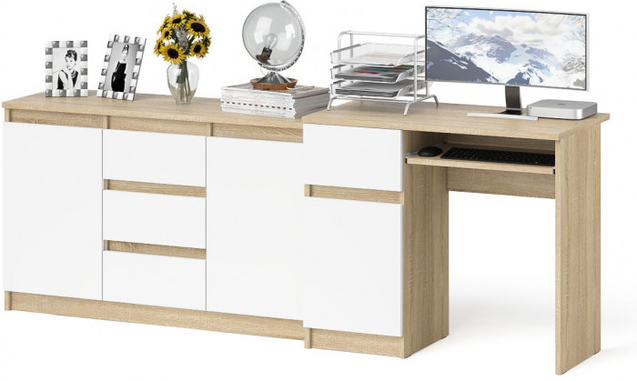 Мори Стол компьютерный МС-1 левый + Комод МК1200.3, цвет дуб сонома/белый, ШхГхВ 210,4х50х76,6 см., выдвижной ящик слева, НЕ универсальная сборка