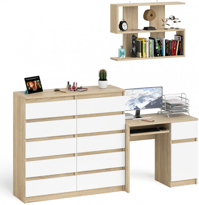 Мори Стол компьютерный МС-1 правый + Комод МК1200.10 + Полка 900, цвет дуб сонома/белый, ШхГхВ 210,4х50х209,6 см., НЕ универсальная сборка