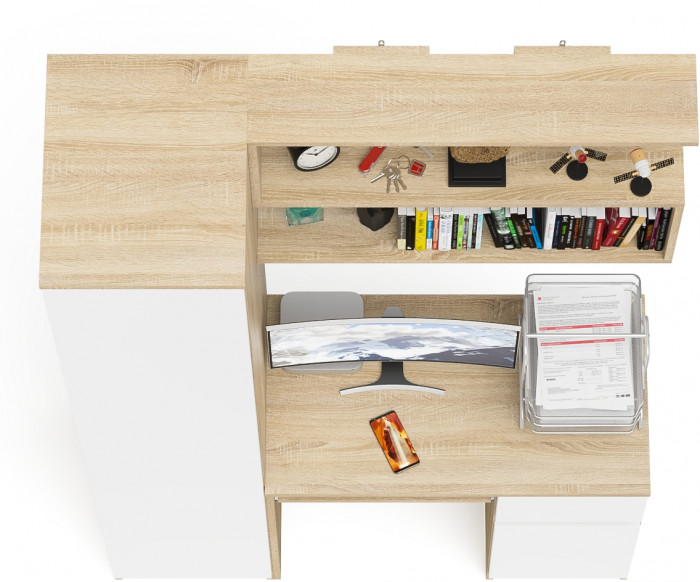 Мори Стол компьютерный МС-1 правый + Пенал МШ400.1 + Полка 900, цвет дуб сонома/белый, ШхГхВ 130,4х50,4х209,6 см., НЕ универсальная сборка