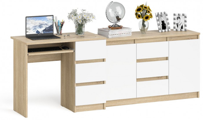 Мори Стол компьютерный МС-6 правый + Комод МК1200.3, цвет дуб сонома/белый, ШхГхВ 210,4х50х76,6 см., выдвижные ящики справа, НЕ универсальная сборка