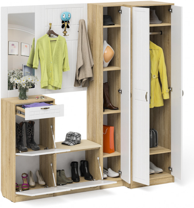 Прихожая П-6 Компоновка № 31, цвет дуб сонома/фасады МДФ белое дерево фрезеровка прованс, ШхГхВ 200х50х210 см., универсальная сборка