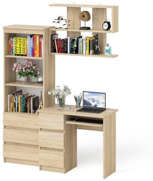Мори компьютерный стол МС-6 левый + Стеллаж МСТ600.3 + Полка 900, дуб сонома