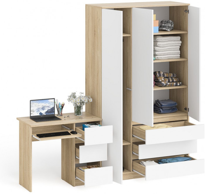 Мори компьютерный стол МС-6 правый + Шкаф МШ1200.1, дуб сонома/белый