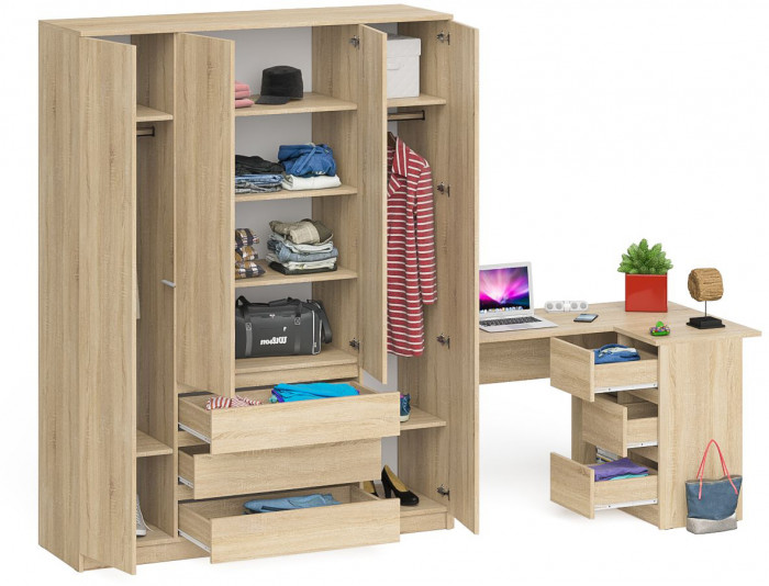 Мори Стол компьютерный МС-16 правый + Шкаф МШ1600.1, цвет дуб сонома, ШхГхВ 284,8х84,9х209,6 см., выдвижные ящики справа, НЕ универсальная сборка