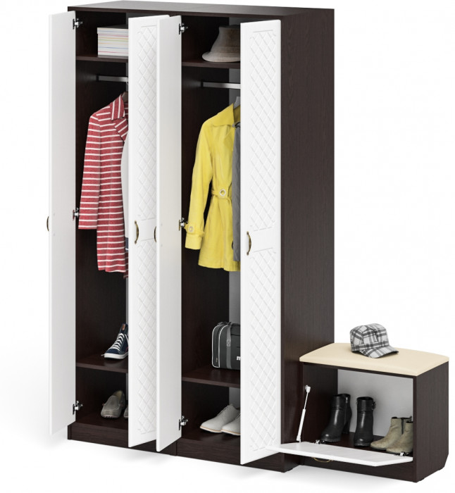 Прихожая П-6 Компоновка № 07, цвет венге/фасады МДФ белое дерево фрезеровка ромб, ШхГхВ 180х50х210 см., универсальная сборка