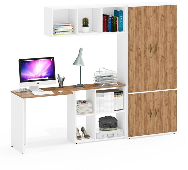 Лидер-8 Стол + Полка + Шкаф МД 20Б, белый шагрень/крафт золото